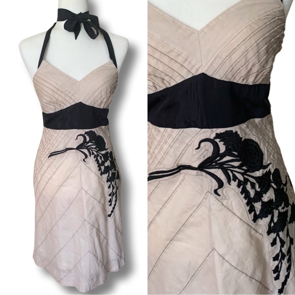 Anthropologie Floreat halter-tie dress-Tan with black floral embroidery.